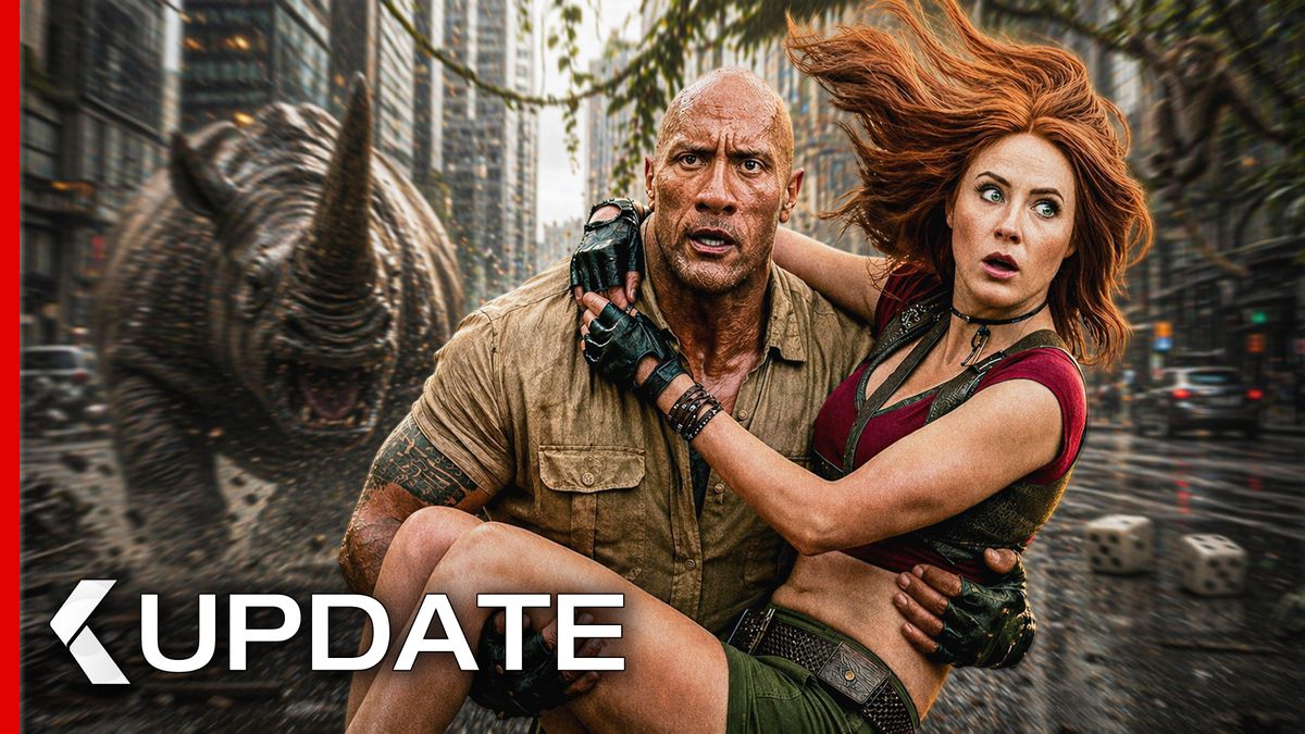 Jumanji: Open World 2026 Official Poster featuring Dwayne Johnson, Jack Black, Kevin Hart, and Karen Gillan