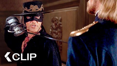Image of Zorro Corners Captain Love with a Sword to His Throat - THE MASK OF ZORRO Clip | Antonio Banderas